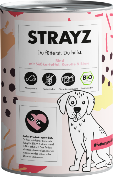 Strayz Bio-Nassfutter Rind mit Süßkartoffel, Karotte & Birne 400g